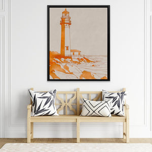 a picture of a lighthouse on a wall above a bench