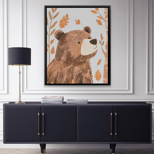 a picture of a bear on a wall above a cabinet