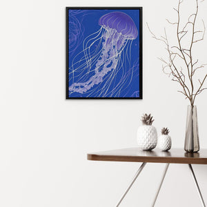 a picture of a jellyfish on a wall above a table