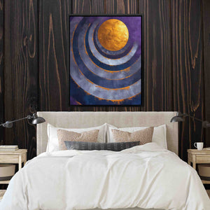 a bed with a white comforter and a painting on the wall