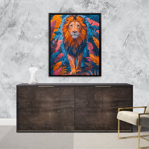 a painting of a lion on a wall above a dresser