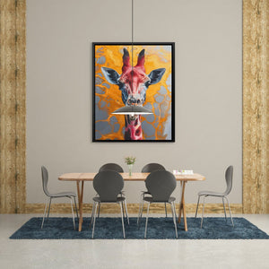 a painting of a giraffe is hanging above a dining room table