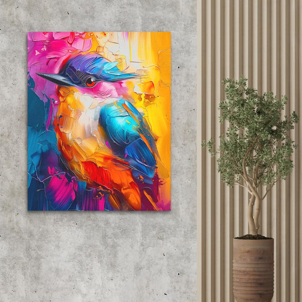 a painting of a colorful bird on a canvas