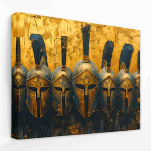 a painting of a row of spartan helmets