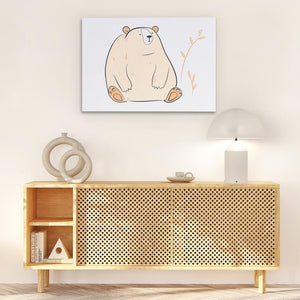 a picture of a bear on a wall above a wooden cabinet