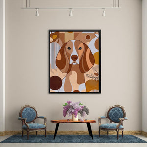 a painting of a dog on a wall above two chairs