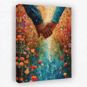 a painting of a couple holding hands in a field of flowers