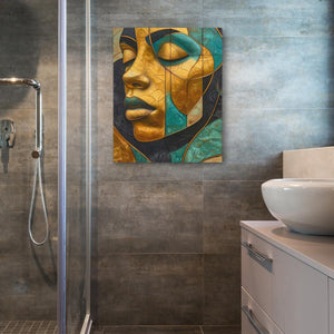 a painting of a woman's face on a wall in a bathroom