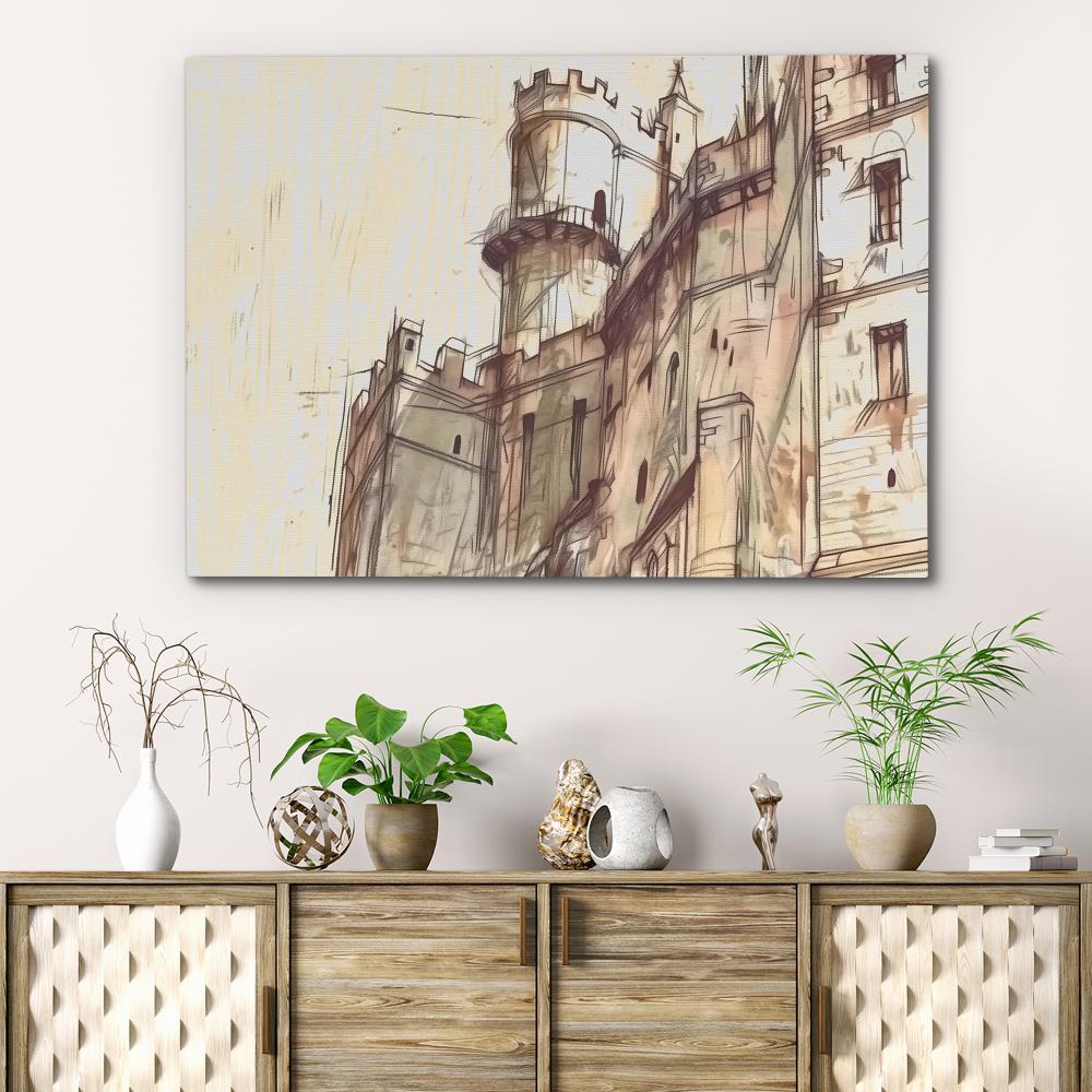 a painting of a castle with a clock tower