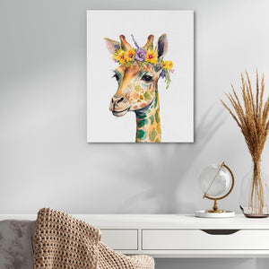 a giraffe with a flower crown on its head