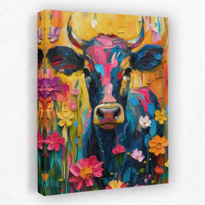 a painting of a cow in a field of flowers