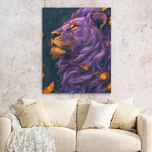 a living room with a couch and a painting of a lion