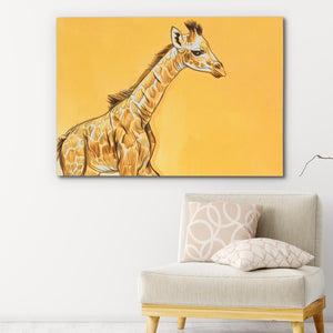 a drawing of a giraffe on a yellow background