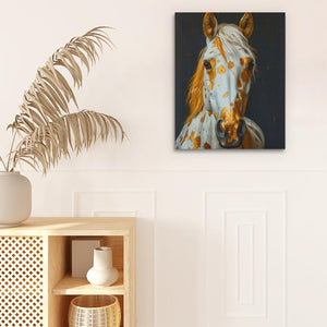 a painting of a brown and white horse on a white wall