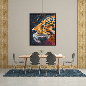 a dining room with a table and chairs and a painting on the wall