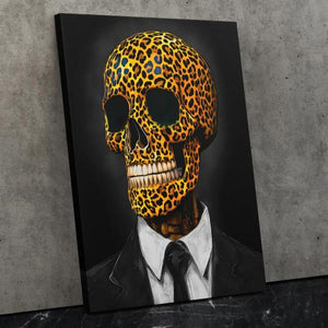 a painting of a man wearing a leopard print skull mask