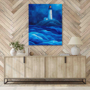 a painting of a lighthouse on a wall