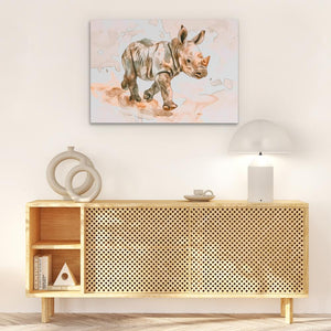 a painting of a rhino on a wall above a wooden cabinet