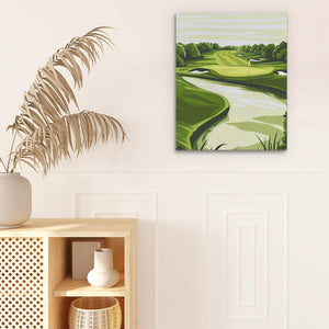 a painting of a golf course on a wall