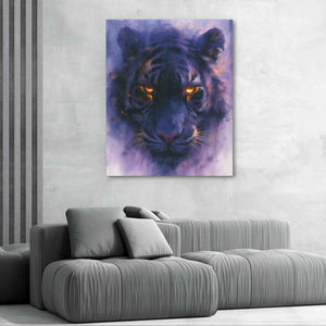 a living room with a couch and a painting of a tiger