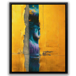 a painting of a man's face through a hole in a yellow wall