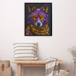 a painting of a purple wolf wearing a scarf