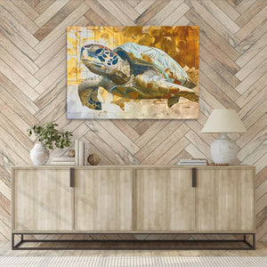 a painting of a turtle on a wooden wall