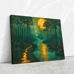 a painting of a river with a full moon in the background