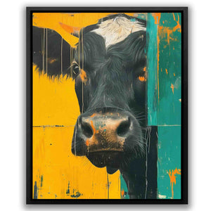 a painting of a cow with a yellow background