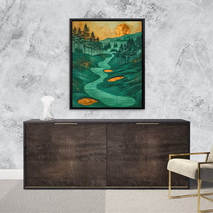 a painting of a river running through a forest