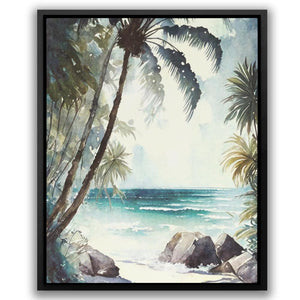 a painting of a tropical beach with palm trees