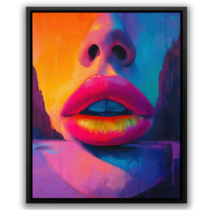 a painting of a woman's face with bright lips