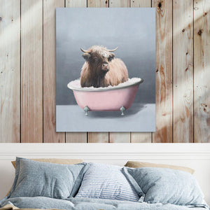 a painting of a cow sitting in a bathtub