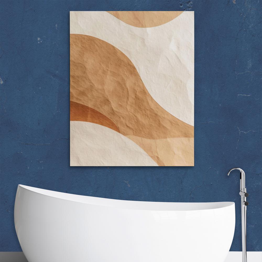 a brown and white abstract painting on a white wall
