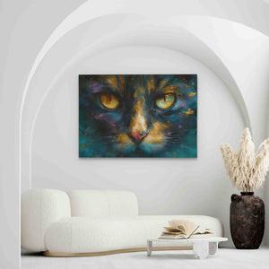 a painting of a cat's face on a white wall