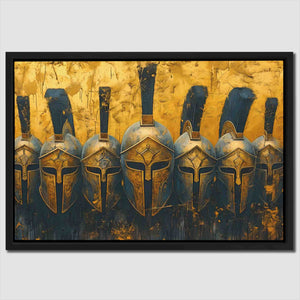 a painting of a row of spartan helmets