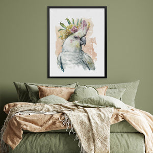 a painting of a parrot on a wall above a bed