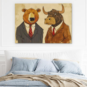 a painting of two bears in suits on a wall above a bed