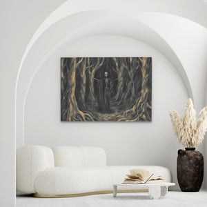 a living room with a white couch and a painting on the wall