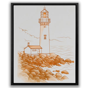 a painting of a lighthouse on a rocky shore