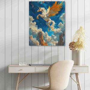 a painting of a white horse flying in the sky