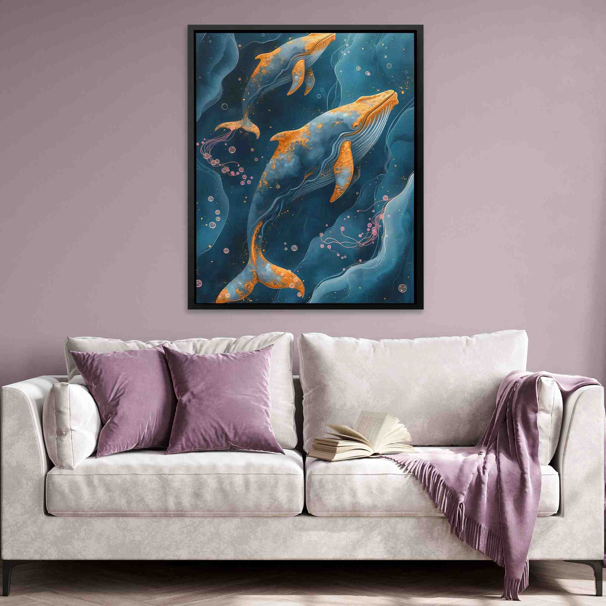 a living room with a couch and a painting on the wall