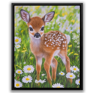 a painting of a baby deer in a field of daisies