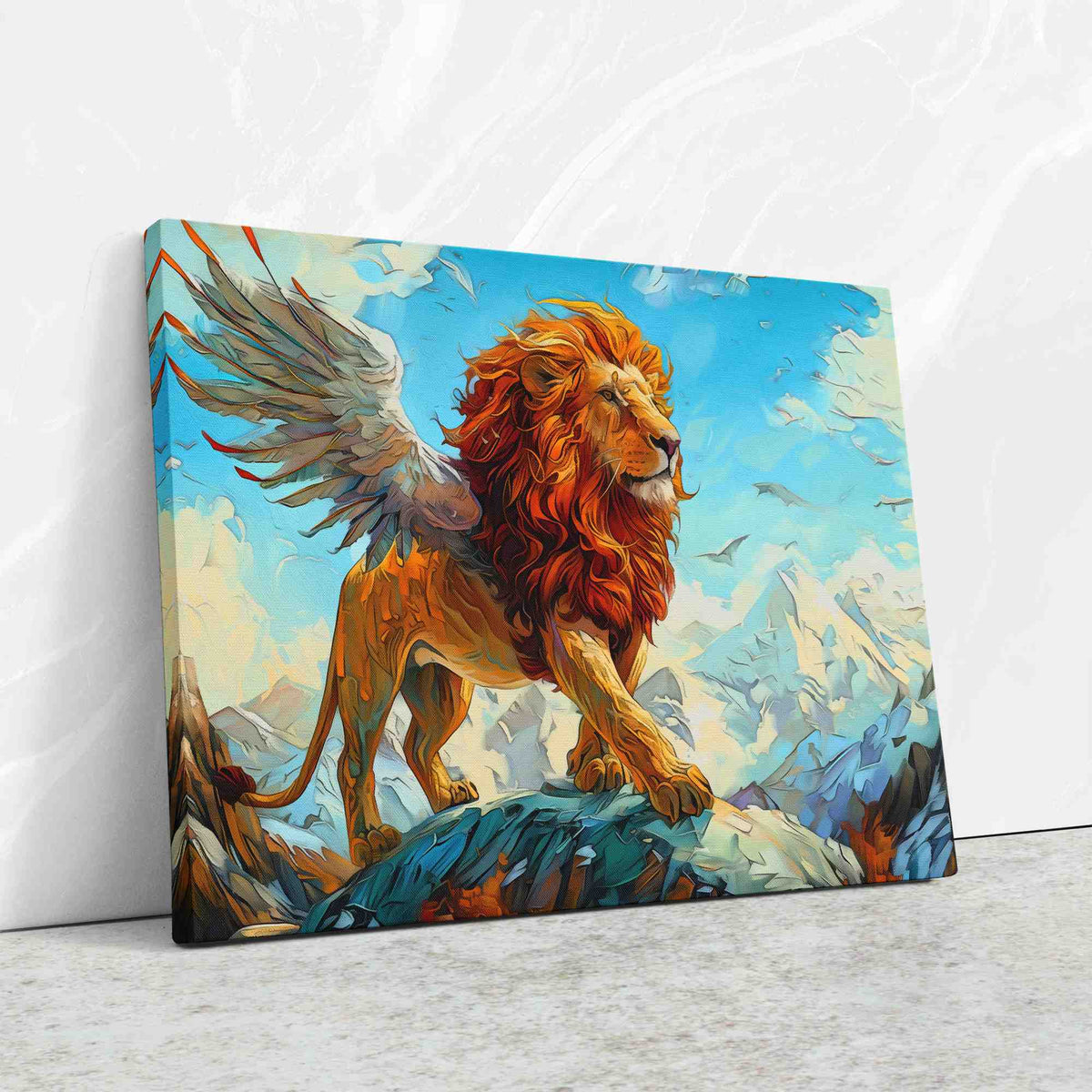 a painting of a lion with wings on a wall