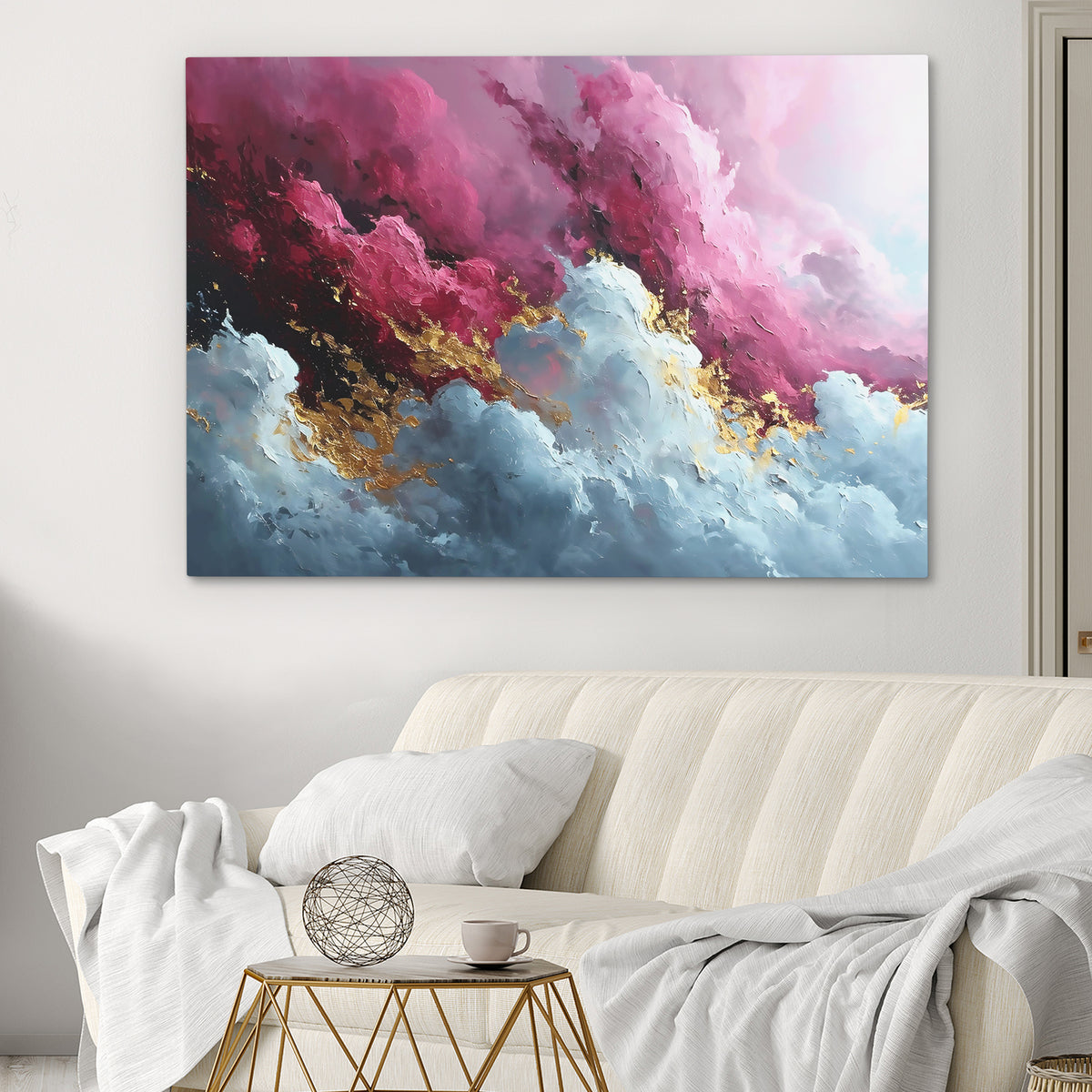 a living room with a couch and a painting on the wall