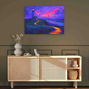 a painting of a lighthouse on a wall