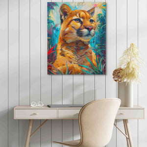 a painting of a tiger on a wall above a desk