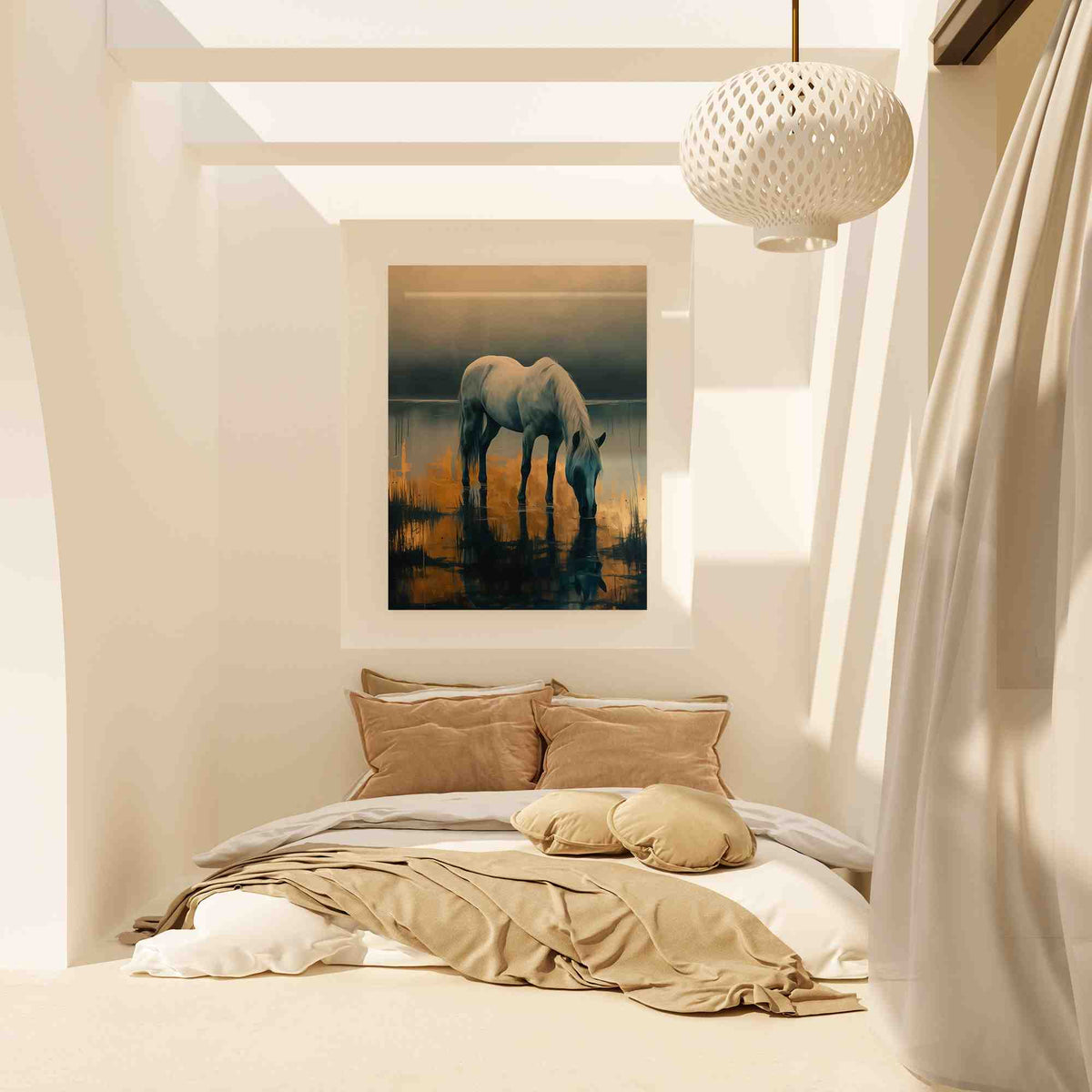 a bedroom with a bed and a painting on the wall