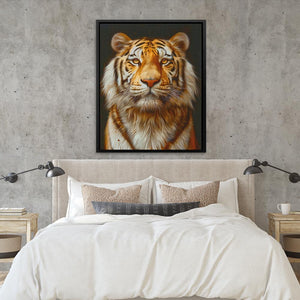 a picture of a tiger on a wall above a bed