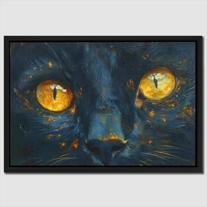 a painting of a black cat with yellow eyes